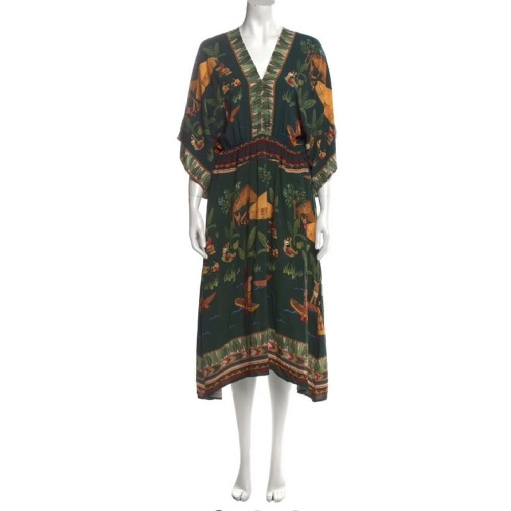 Farm‎ Rio Womens Dress Green Medium Yawanawa Indigenous Hut Print Rare Viscose - Picture 11 of 15